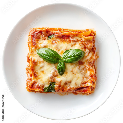 Delicious slice of baked lasagna with melted cheese and fresh basil leaves isolated on transparent background
