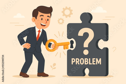 Problem solving concept with businessman unlocking a puzzle. Metaphor for finding a business solution, strategy, and opportunity. The key to success and overcoming challenges vector.