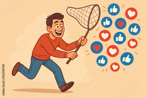 Chasing social media approval. Man with a net hunting for likes and hearts. Metaphor for digital addiction, online validation, influencer culture, and seeking engagement. Vector.