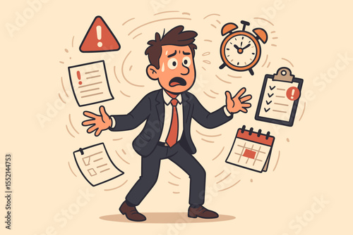 Stressed businessman character juggling tasks, feeling overwhelmed by work and pressure. Concept of multitasking, tight deadline, time management, anxiety and professional burnout.