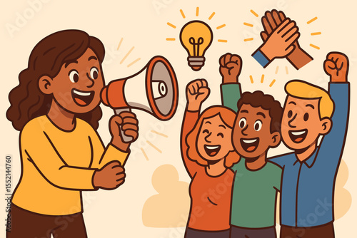 Leader with a megaphone motivating a diverse team. People cheering and rallying for a great new idea. Teamwork, collaboration, and innovation concept with lightbulb and high five.