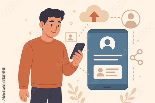 Man sharing digital data from his smartphone. Concept of cloud computing, uploading files to cloud storage, managing a user profile on a social network app, modern technology.