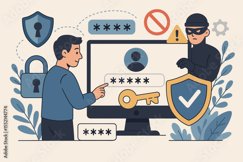 Cybersecurity concept. Secure online access. Data protection. Man entering password on computer. Hacker. Thief. Phishing scam. Cybercrime. Internet safety. Login security. Privacy.