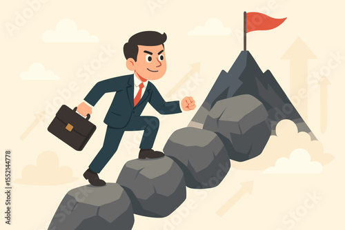 Businessman climbing mountain steps to reach the goal flag. A metaphor for career path, success, achievement, leadership, and overcoming challenges. Business vector illustration.