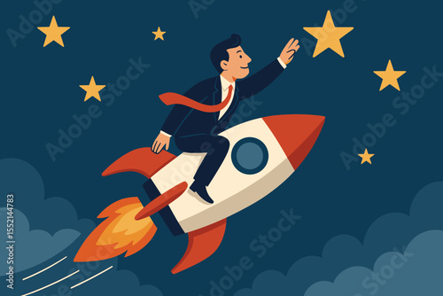 Ambitious businessman riding a rocket, reaching for the stars. Business success, leadership, and career growth concept. Metaphor for startup launch, innovation and achievement. Vector.