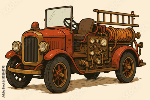 Classic antique fire truck vector cartoon illustration. Vintage red fire engine with ladder, hose and gauges. Retro emergency rescue vehicle from the past. Old transport nostalgia.