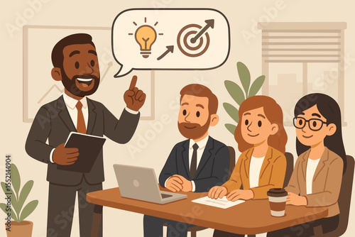 Business leader presenting strategy to a diverse team. Manager shares creative idea to achieve goals. Corporate meeting concept for success. Cartoon vector illustration of teamwork.