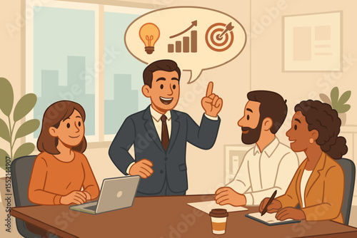 Business leader presenting a strategic plan to a diverse team during an office meeting. Communicating ideas for growth, innovation, and achieving goals with icons in a speech bubble.