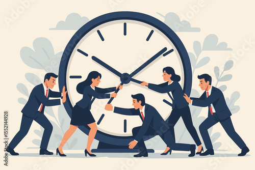 Deadline pressure concept. Business team fighting against time, trying to stop the clock. Metaphor for time management, project urgency, and efficiency in a corporate environment.
