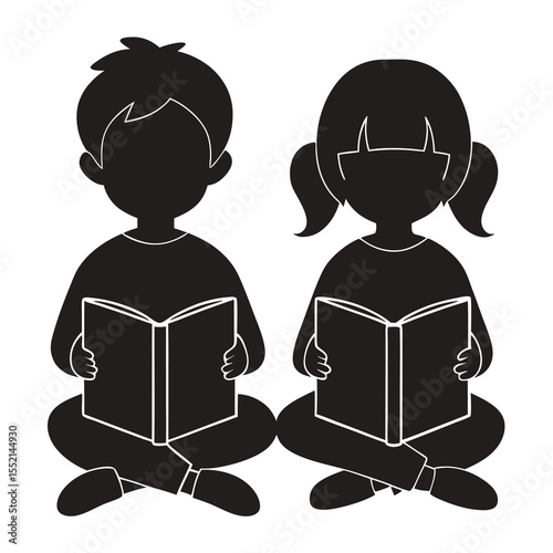 Two children reading books silhouette black and white