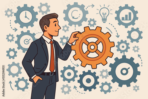 Businessman adjusting gears to optimize workflow efficiency. Business process management concept. Manager controlling a complex system for strategy, productivity, and innovation.