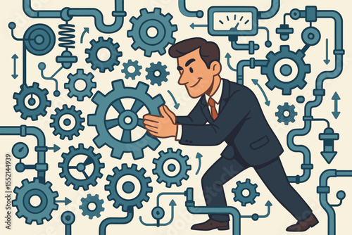 Businessman adjusting gears in complex machinery. Metaphor for workflow optimization, business process management, and improving system efficiency. Vector cartoon illustration.