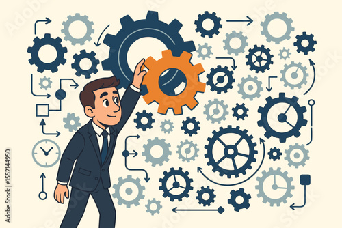 Business process optimization concept. Businessman manager adjusting gears. Workflow efficiency, project management, productivity and strategy metaphor. Man integrating cog in mechanism.