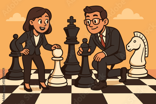 Business strategy and competition metaphor with colleagues on a giant chessboard. Man and woman planning tactics and making a strategic move. Corporate teamwork and decision making concept.