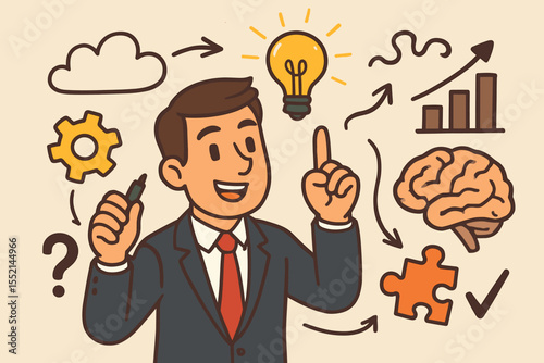 Businessman brainstorming creative ideas and problem solving. Analytical thinking process, innovation and solution generation. Lightbulb brain puzzle chart vector illustration for business strategy