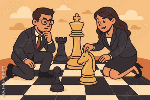 Business strategy concept with man and woman on a giant chessboard. Corporate competition, tactics, rivalry metaphor. Businessman thinking while businesswoman makes a smart career move.