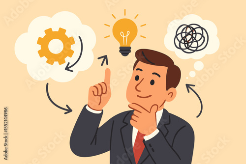 Businessman Brainstorming Creative Solutions Analytical Thinking Process Vector. Problem Solving, Idea Generation, Innovation Concept, Decision Making, Mindset Strategy, Cognitive Process Illustration