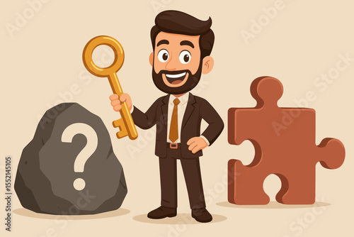 Businessman holding a golden key to unlock solutions. Concept for solving problems, finding answers to questions, and overcoming business challenges. Metaphor for success, strategy and opportunity.