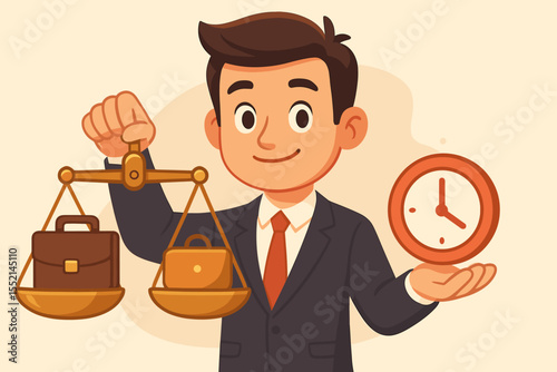 Businessman Balancing Scales of Work Life Balance Career and Personal Time with Briefcase and Purse Cartoon Vector Illustration Concept for Time Management and Productivity Success