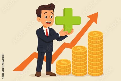 Businessman adding value with a plus sign to increase profit. Business growth concept with a rising arrow graph and stacks of gold coins. Financial success, investment and market advantage.