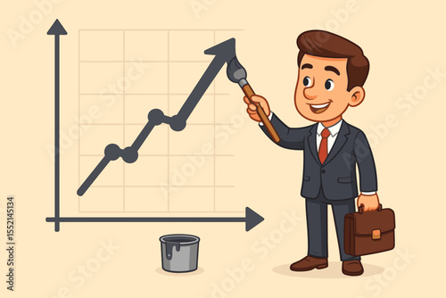Cartoon businessman painting a rising arrow on a financial growth chart. Concept of creating success, profit increase, career development, business strategy, and investment gain.