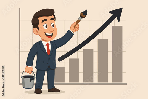 Businessman painting an upward arrow on a graph chart. Concept of financial growth, rising profit, and career improvement. Man in suit creating his own success. Vector cartoon.