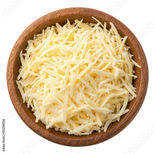 A wooden bowl filled with finely shredded yellow cheese ready for cooking or serving isolated on transparent background