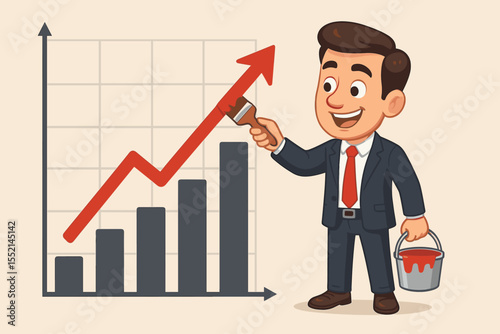 Businessman painting an upward arrow on a financial graph. Concept of business growth, profit increase, career improvement, investment success, and market strategy. Vector cartoon.