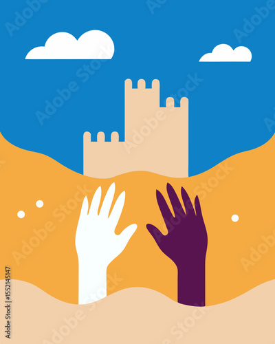 Hands of diverse adults playfully building a sand castle on a sunny beach, surrounded by golden sand and a bright blue sky, capturing the joy of summer adventures