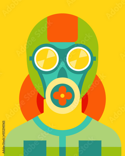 Soldier in gas mask with wide eyes, reflecting red flash of nuclear detonation in lenses, conveying fear and urgency in a dramatic, colorful illustration