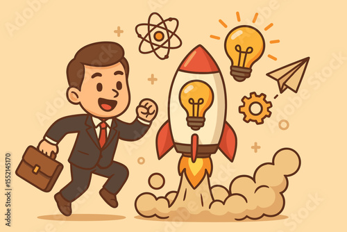 Entrepreneur launching new startup project with innovative ideas, creative business growth, and successful innovation journey. Vector cartoon illustration.