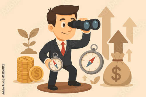 Businessman with binoculars searching for financial investment opportunities. Investor holding compass for strategic direction. Concept of market vision, business growth, and success.