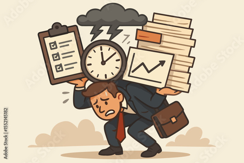 Stressed cartoon businessman carrying a heavy load of paperwork, a clock, and a clipboard. Concept of professional burnout, work overload, pressure, anxiety, and corporate deadlines.