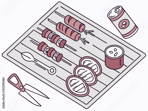 Grilled skewers with vegetables and meats arranged on a wooden cutting board, surrounded by cooking tools and spices, perfect for summer barbecue adventures and gatherings