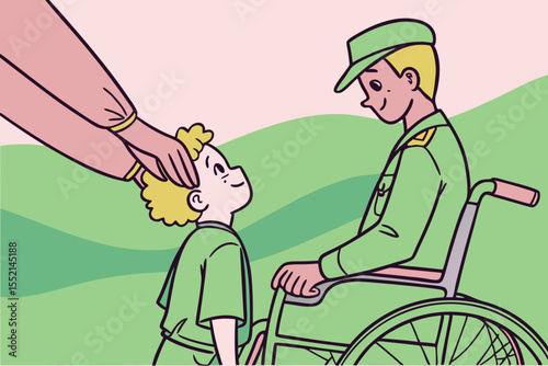 Veteran in wheelchair shakes hands with child, showcasing emotional connection and warmth, with soft background colors enhancing the heartfelt moment of interaction