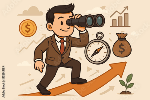 Businessman navigating investment opportunities with binoculars. Man with compass on a growth arrow. Concept of financial strategy, business vision, market forecast, and future success.