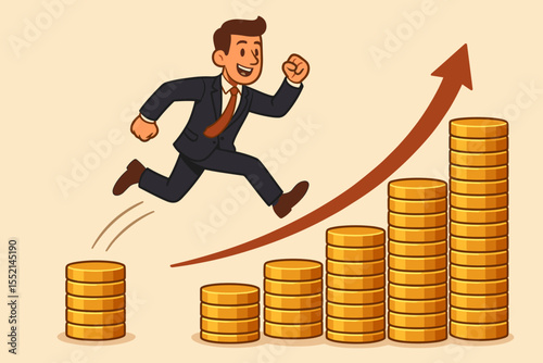Businessman leaping on coin stacks towards financial success. Cartoon character running on a growth chart arrow. Concept for career progress, investment, profit, and earnings.