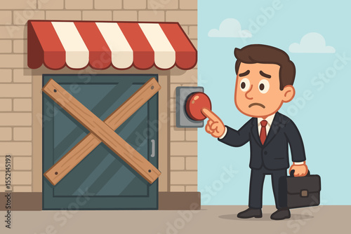 Bankrupt businessman closing his shop. Sad entrepreneur presses the red stop button, symbolizing business failure, financial crisis, going out of business, and store closure.