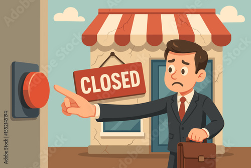 Sad businessman closing his bankrupt shop. Business failure metaphor, economic crisis concept. Entrepreneur pressing red stop button for store shutdown. Liquidation. Vector illustration.