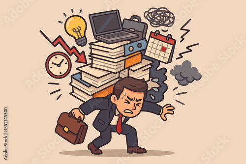 Stressed businessman carrying a heavy pile of work and responsibilities. Metaphor for job pressure, professional burnout, and deadline anxiety. Cartoon concept of an overwhelmed employee.