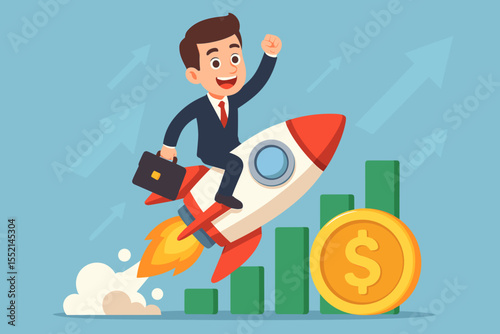 Businessman riding rocket to success. Financial growth concept with rising bar chart and dollar coin. Metaphor for startup launch, career boost, high salary and profit. Vector illustration.