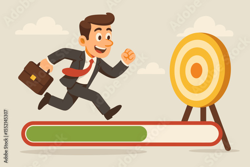 Businessman running on a progress bar towards a success goal. Business concept of career development, motivation, ambition, and achievement. Cartoon character aiming for a target.