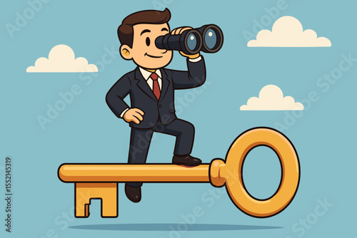 Visionary businessman standing on golden key, holding binoculars, symbolizing leadership, opportunity, career success, strategic vision, future planning, and business growth. Vector illustration