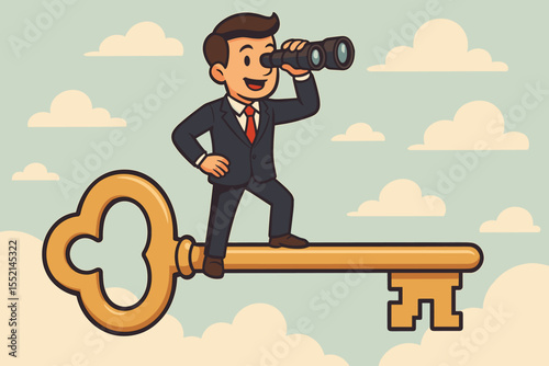 Businessman standing on large golden key with binoculars, symbolizing vision, leadership, opportunity, business strategy, success, achievement, finding solutions, future planning, cartoon vector