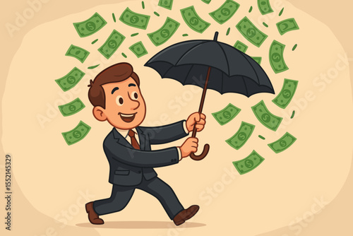 Businessman collecting falling money with an inverted umbrella. Financial opportunity concept, smart investment strategy, profit gain, and wealth. Earning cash. Vector cartoon.