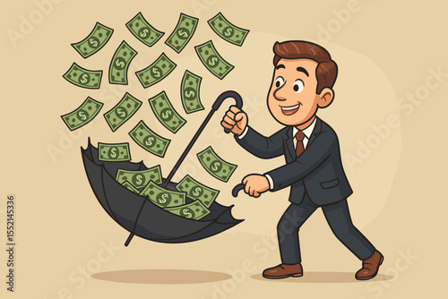 Businessman collecting falling money rain with an umbrella. Financial success, profit, and investment concept. Smart strategy for wealth growth and opportunity. Vector cartoon.