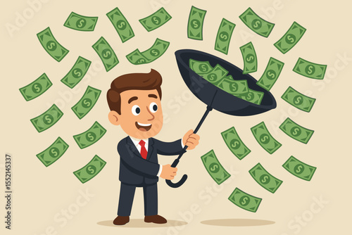 Happy cartoon businessman catching falling dollar bills with an inverted umbrella. Metaphor for financial success, wealth, profit, and smart business investment strategy. Vector.