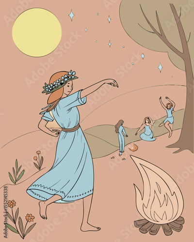 Mystical woman in flowing dress dances around a fire, surrounded by friends, under a full moon, celebrating Solstice with herbs and flowers, capturing boho spirit and magical ambiance