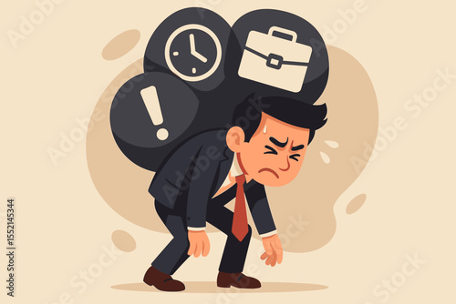 Businessman struggling under heavy weight of work and responsibility. Metaphor for stress, pressure, and professional burnout. Overloaded employee carrying burden. Deadline and fatigue.