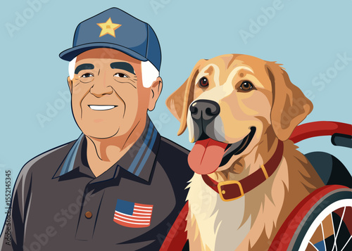 Veteran in wheelchair with service dog beside, both looking forward with calm expression, showcasing companionship and resilience in a supportive environment